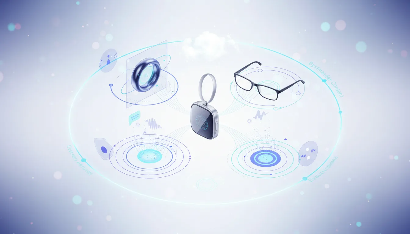AI wearables including a ring, pendant, and glasses are depicted with futuristic interfaces and data streams.