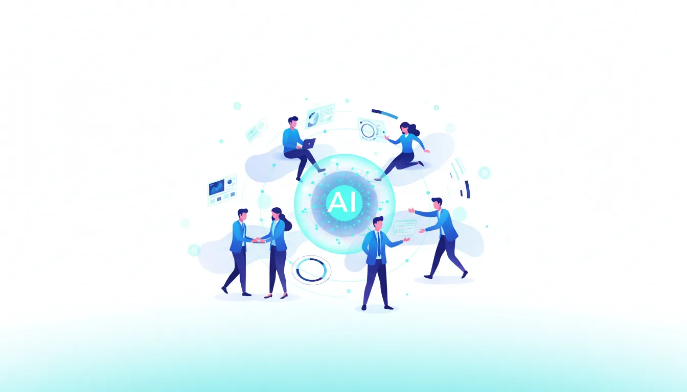 Diverse professionals collaborate around a central AI hub, symbolizing the AI Workforce Bill's impact on jobs and skills.