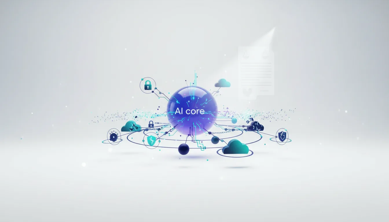 Abstract visualization of an AI core network with interconnected nodes representing cloud services, security, and data flow.