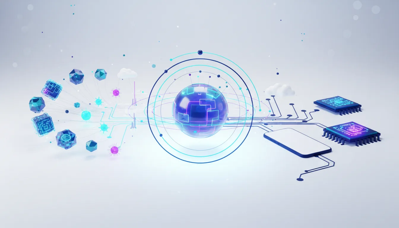 Abstract digital sphere connected to circuits, chips, and geometric shapes representing AI infrastructure and data flow.