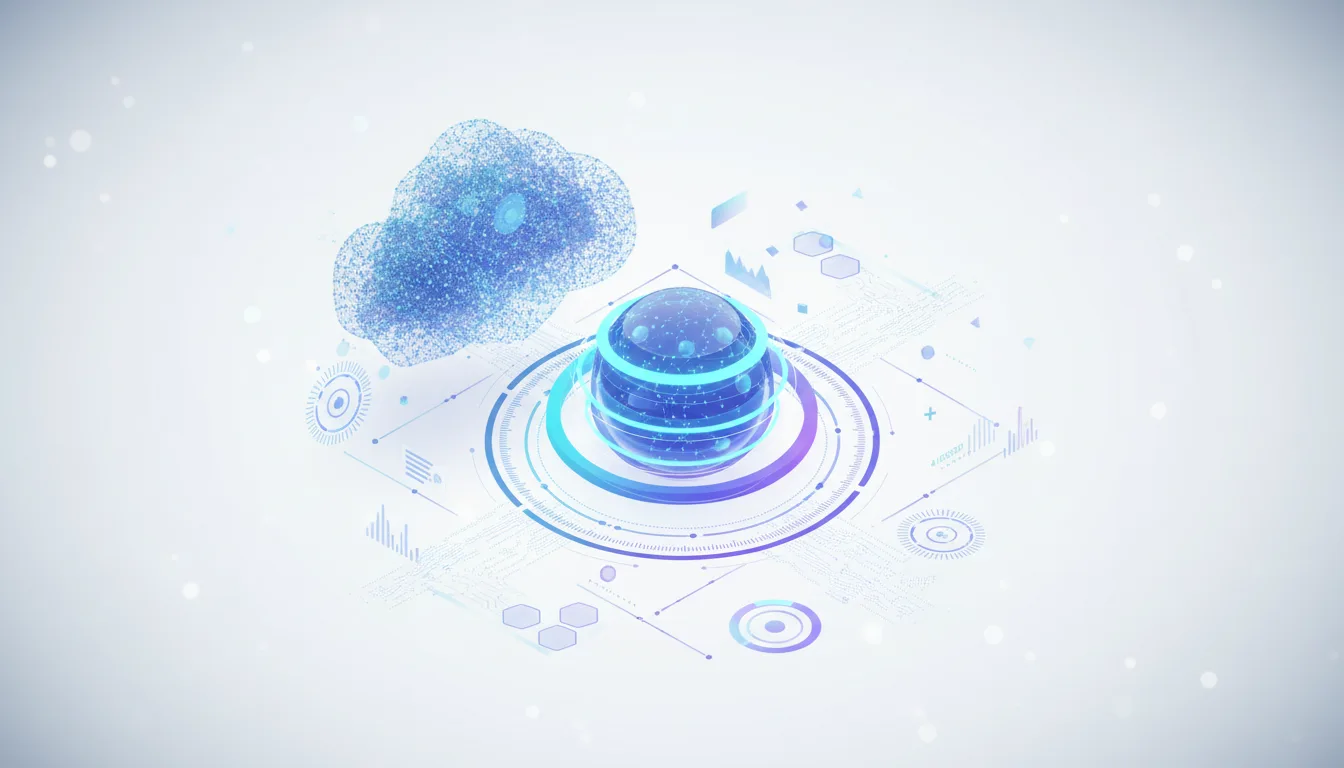 Abstract visualization of AI technology with a glowing sphere, cloud, and data charts, representing AI model evaluation and development.