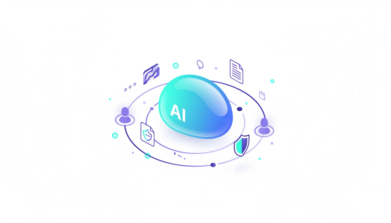 Abstract illustration of AI integration with icons representing people, security, and documents orbiting a central AI orb.