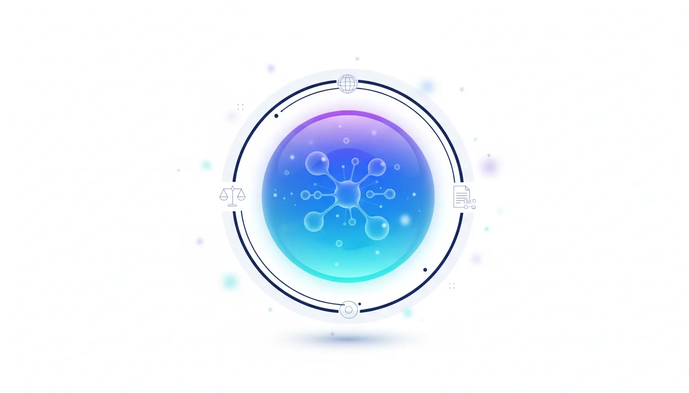 Abstract molecular structure within a glowing sphere, symbolizing AI integration in insurance, with icons for law and documents.
