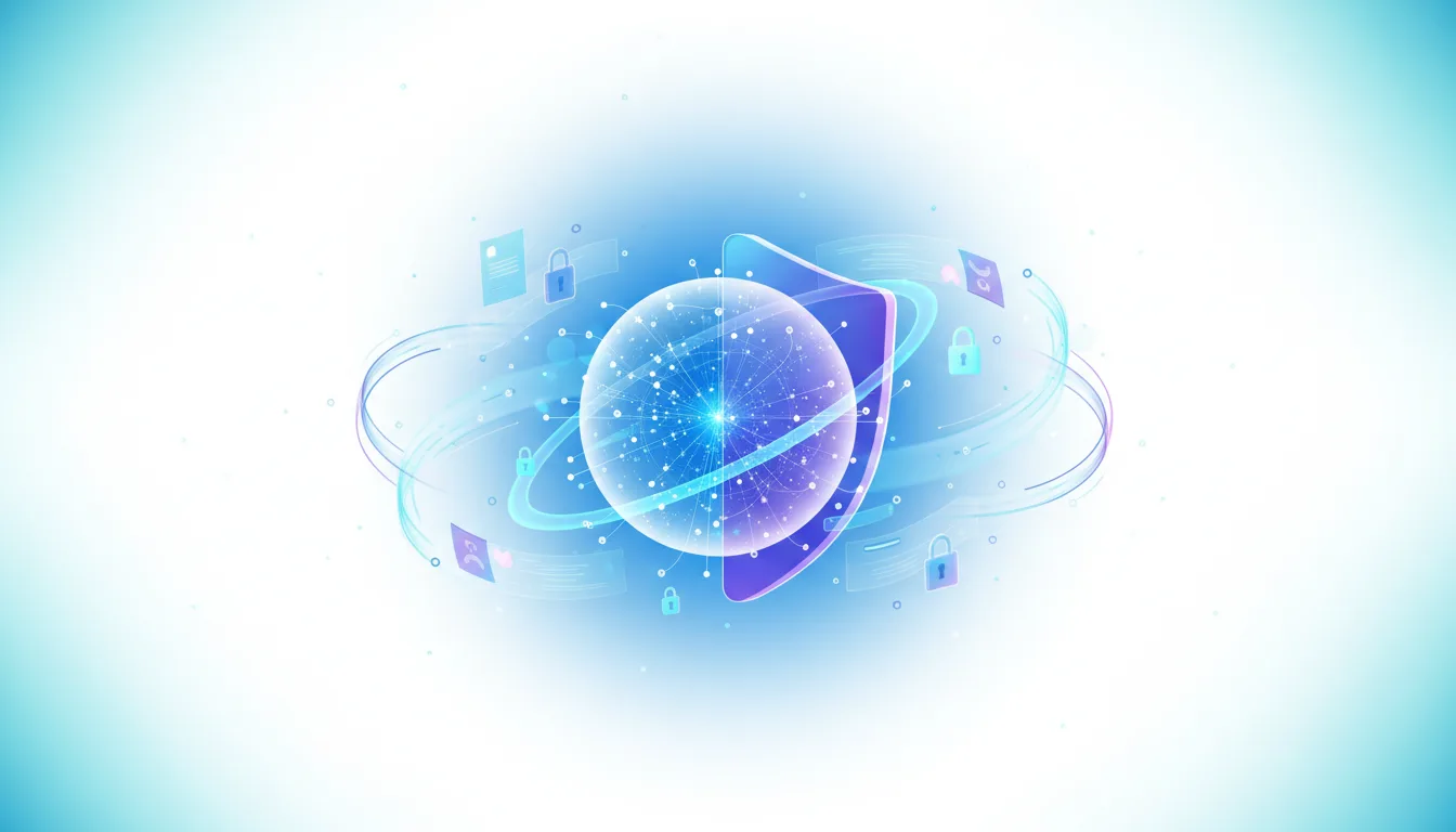 Abstract visualization of a glowing sphere protected by a shield, surrounded by orbiting rings with lock icons, representing secure AI in insurance.