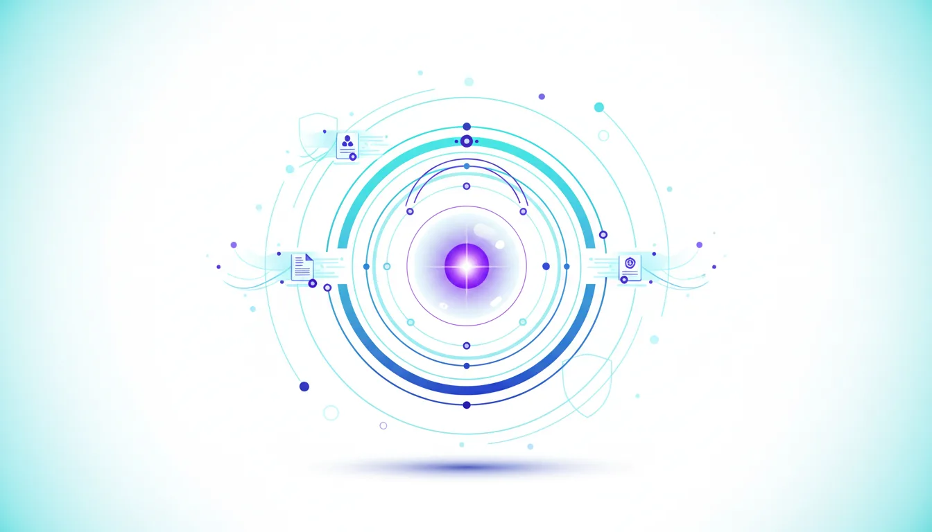 Abstract visualization of interconnected data points and concentric circles representing AI agent workflows and compliance protocols.