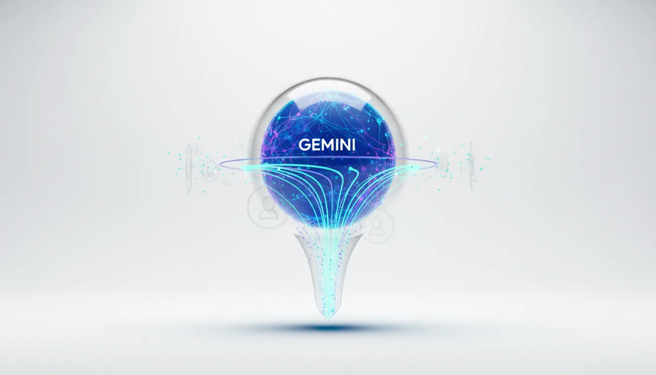 Abstract visualization of Alphabet's Gemini AI, showing a glowing blue sphere with interconnected nodes and the word GEMINI, with light streams flowing into and out of it.
