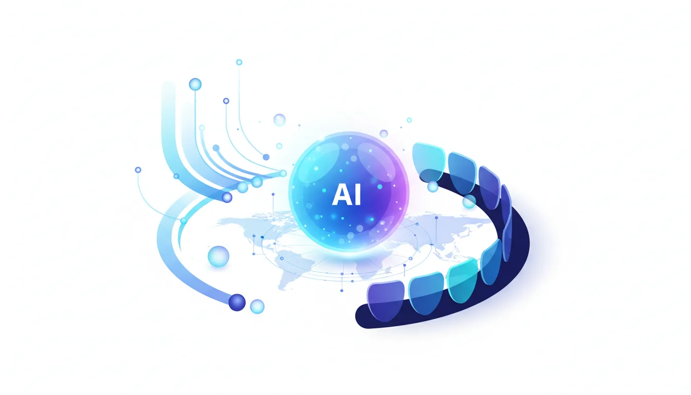 Abstract AI sphere with 'AI' text, surrounded by glowing lines and a world map, representing global AI progress and innovation.