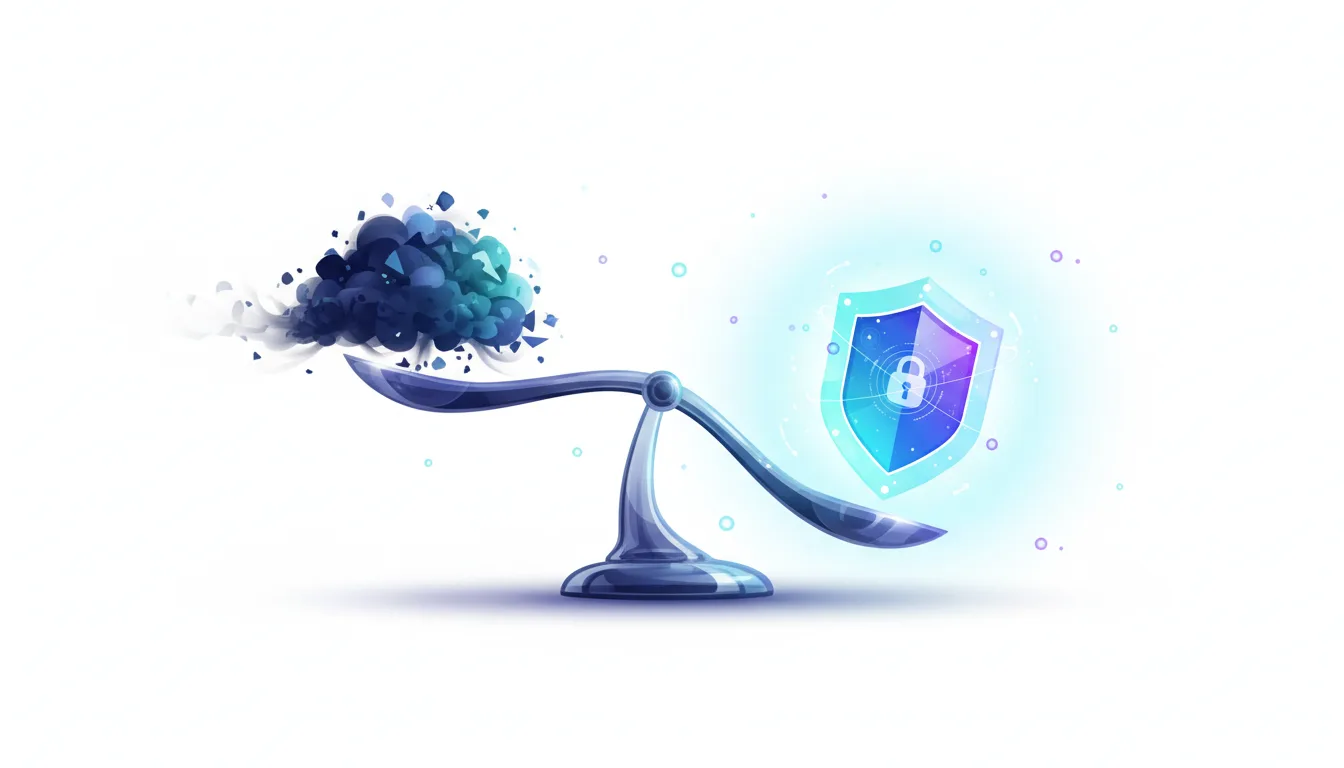 A balance scale weighs a dark, fragmented cloud against a glowing shield with a lock, symbolizing AI security versus risk.