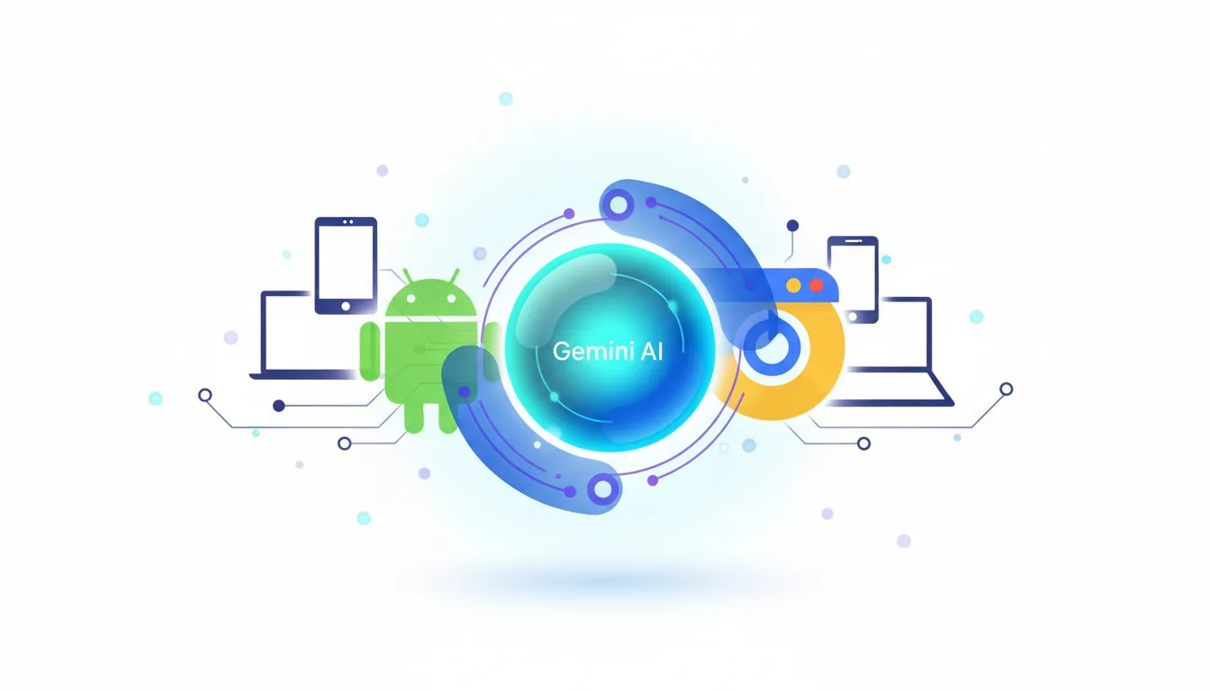 Android robot, laptop, and tablet connected to a central sphere labeled Gemini AI, symbolizing OS integration and AI-native experience.