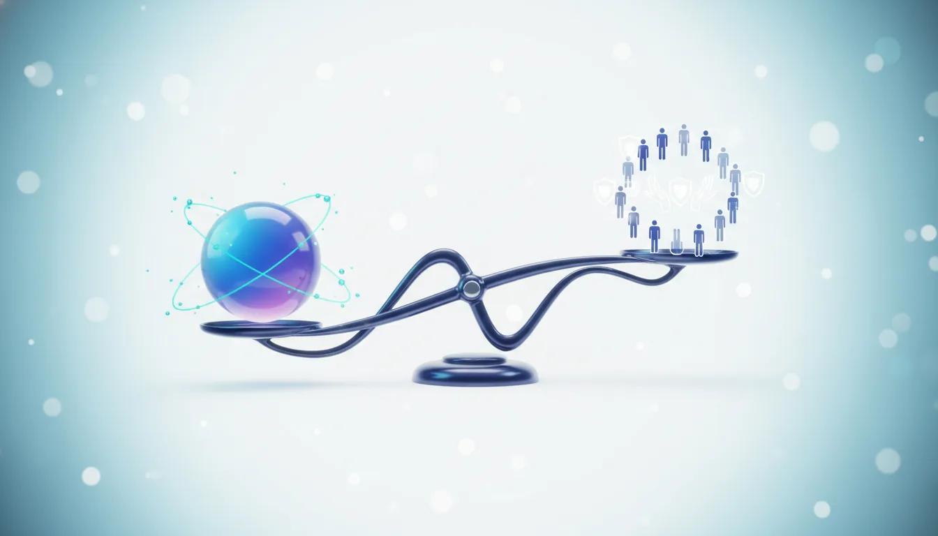 A balance scale weighs a glowing orb representing AI against a circle of human figures symbolizing the workforce.
