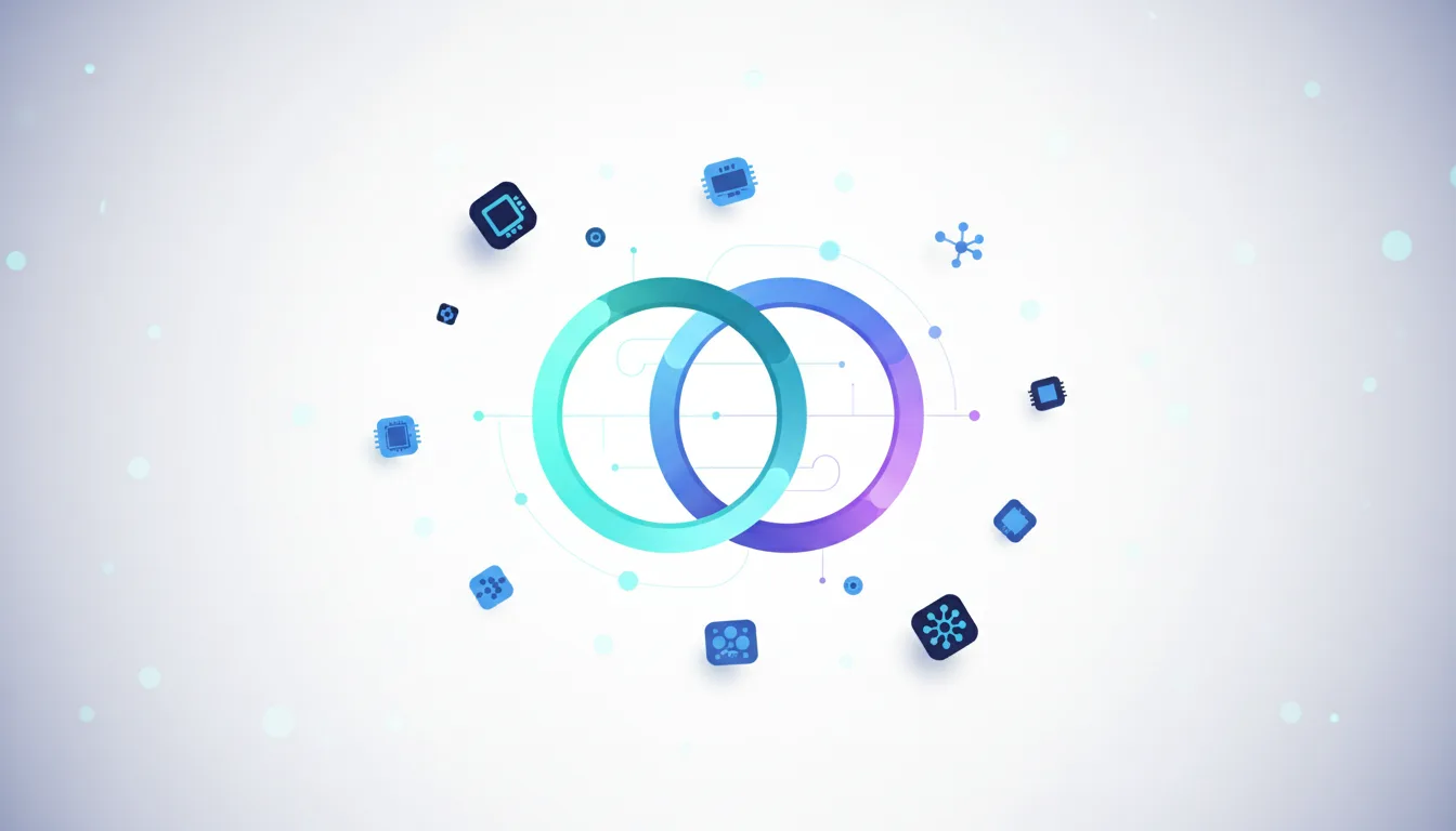 Interlocking rings and abstract circuit board icons symbolize the Amazon-Anthropic AI compute power partnership.