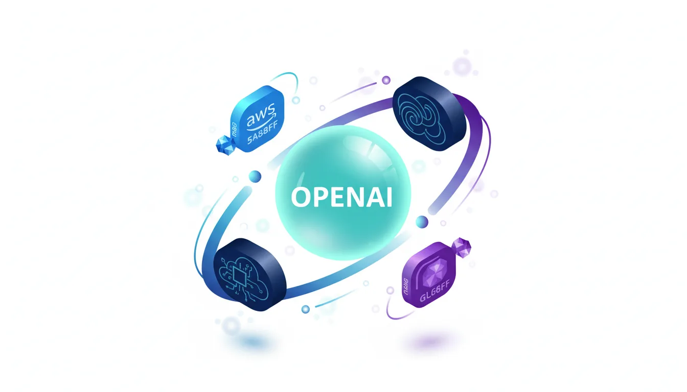 Abstract graphic showing OpenAI at the center, surrounded by AWS Trainium chips and other AI infrastructure icons.