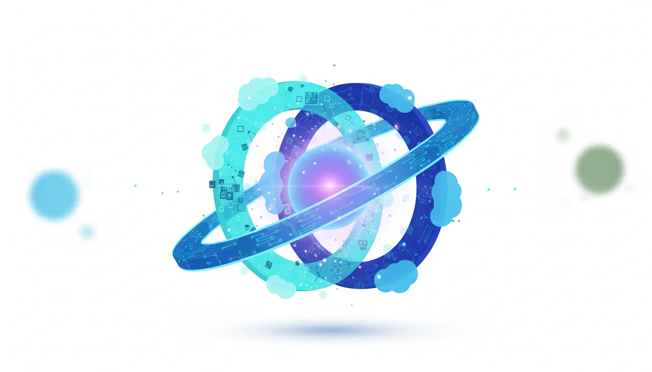 Abstract representation of interconnected digital rings with glowing core, symbolizing cloud computing and AI partnerships.