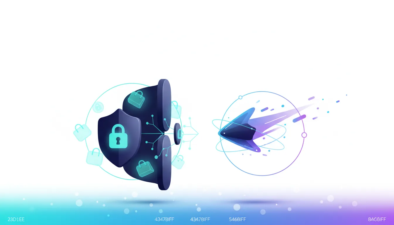 Abstract illustration of a shield with a lock and shopping bags representing security and e-commerce, facing a stylized arrow representing an AI agent.
