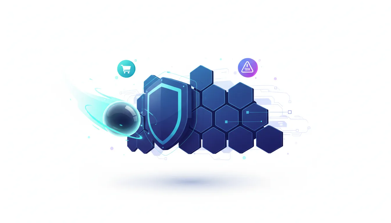 A shield and honeycomb structure protect against a dark sphere, symbolizing Amazon blocking Perplexity AI's scraping attempts.
