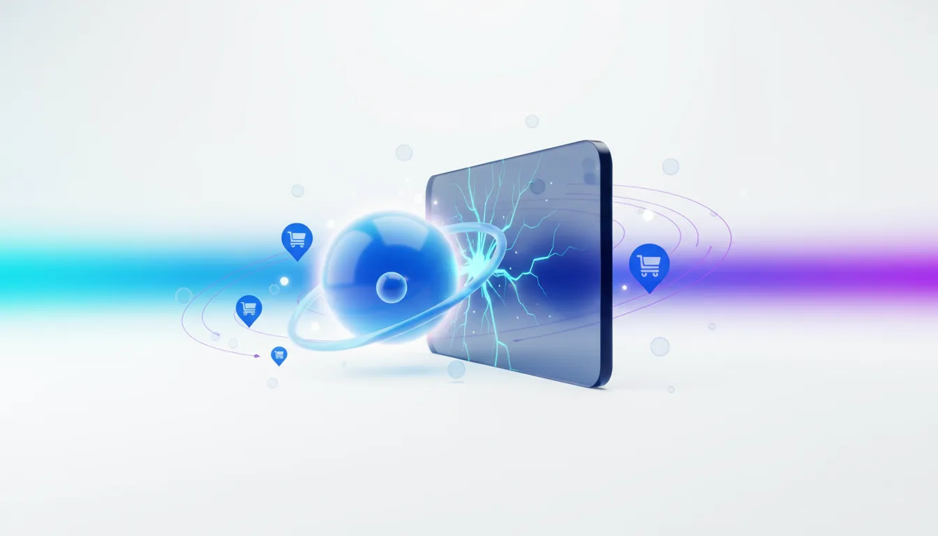 Abstract representation of an AI agent interacting with e-commerce, featuring a blue sphere and shopping cart icons.