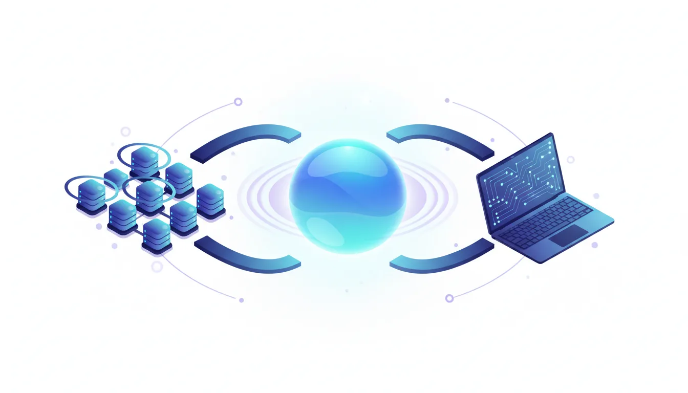 Illustration of data servers and a laptop connected by a glowing sphere, representing AMD's AI hardware strategy.