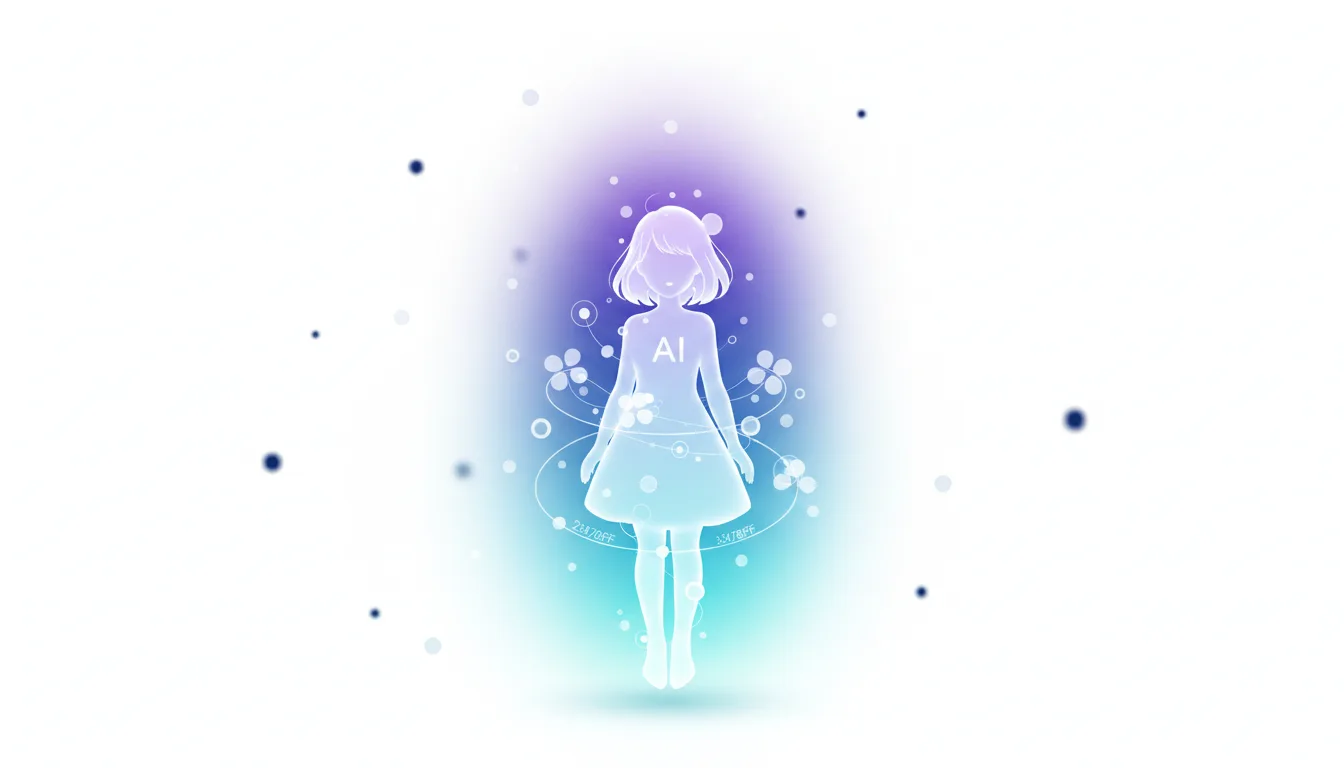 Holographic silhouette of an AI girl with the letters AI on her chest, surrounded by glowing particles and abstract shapes.