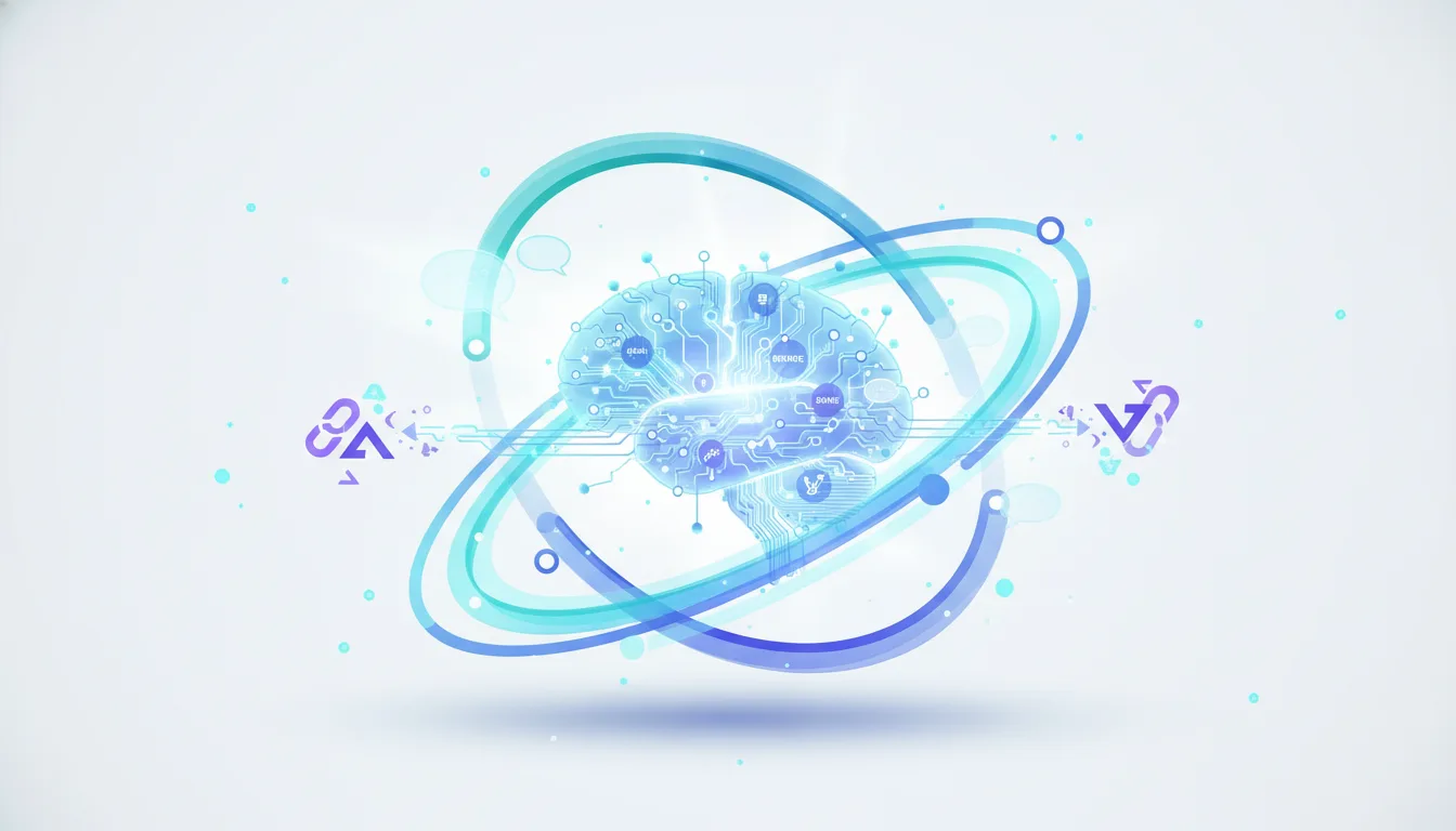 Abstract digital brain with circuits and icons, surrounded by glowing blue and green orbital rings, symbolizing AI and Answer Engine Optimization.