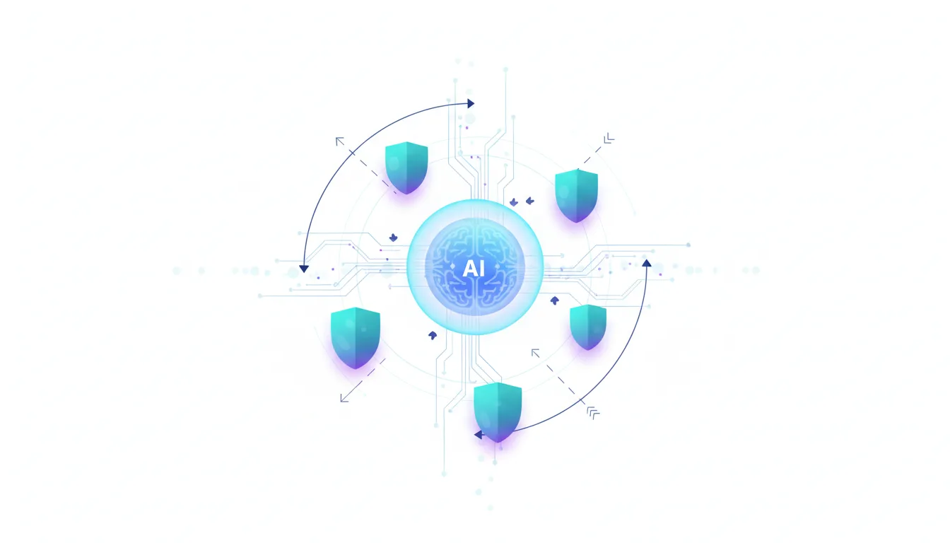 Abstract AI brain graphic surrounded by protective shields, symbolizing AI security and brand protection strategies.