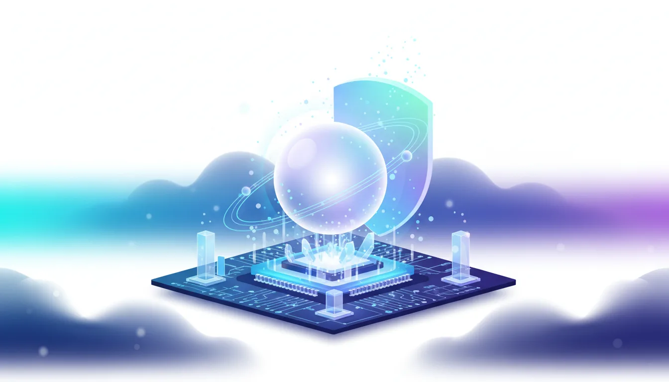 Abstract representation of AI technology with a glowing sphere, shield, and circuit board elements.