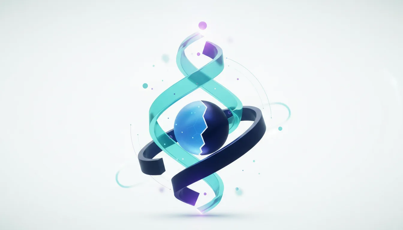 Abstract representation of DNA helix intertwined with a sphere, symbolizing AI development and scientific advancement.