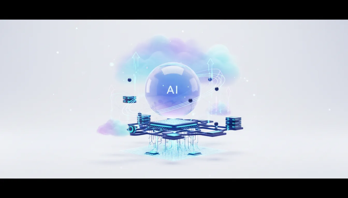 Abstract visualization of AI technology with a central sphere labeled 'AI' surrounded by circuits, servers, and clouds.