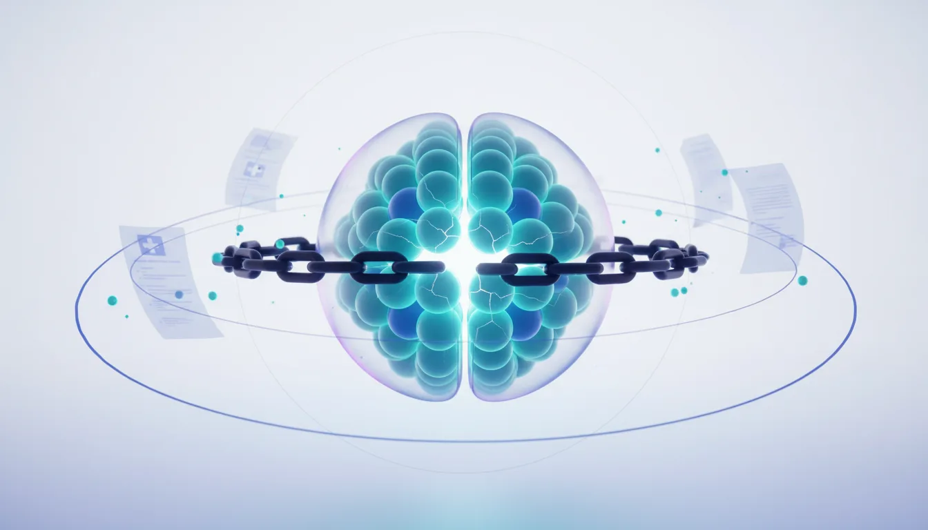 Abstract representation of an AI brain encased in a bubble, linked by a chain, with documents floating around, symbolizing data access and security risks.