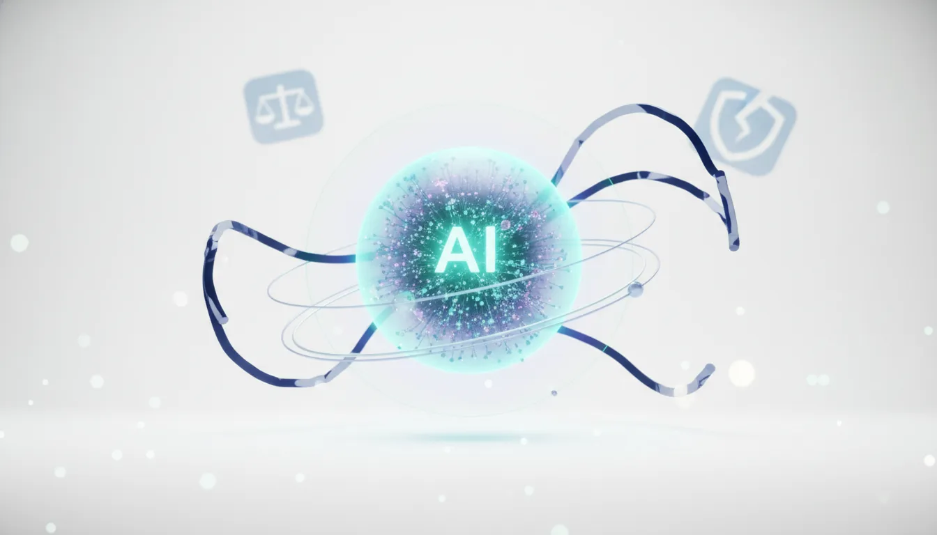 Abstract representation of AI technology with icons symbolizing justice and security, relating to government AI regulation.
