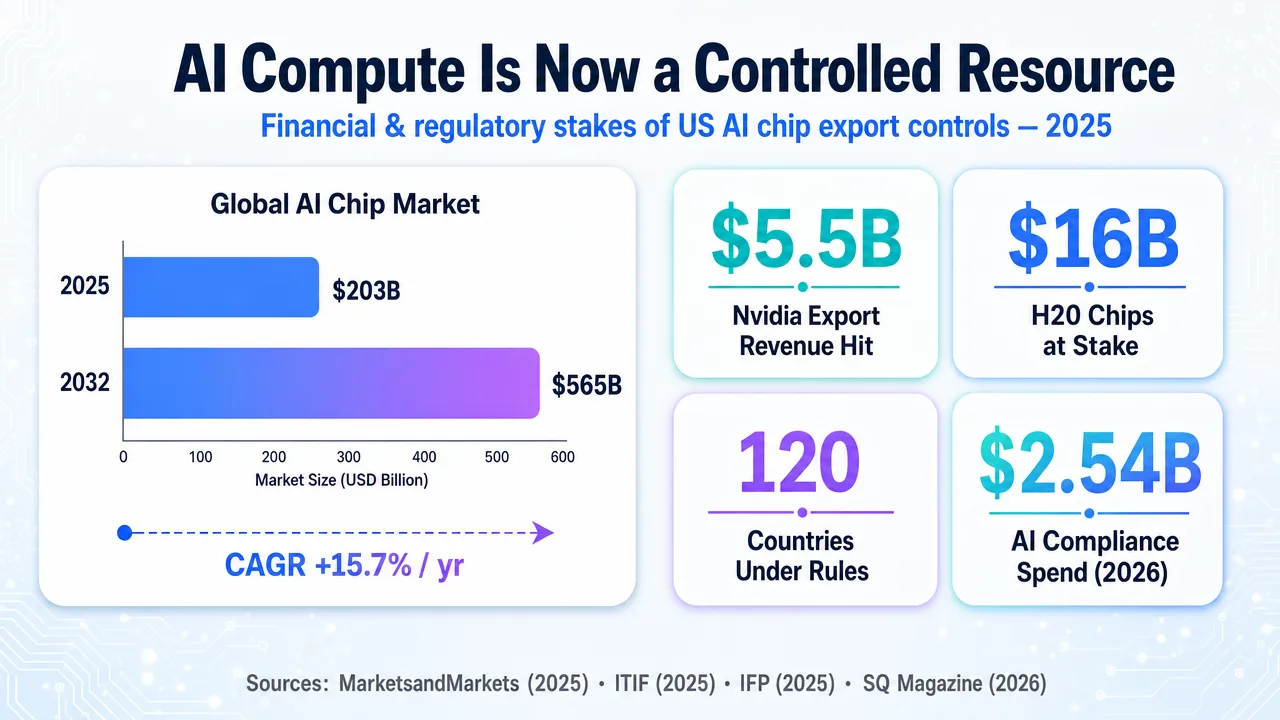 Infographic detailing the AI Compute Controlled Resource market, showing global market size, Nvidia revenue hit, countries under rules, and AI compute spend.