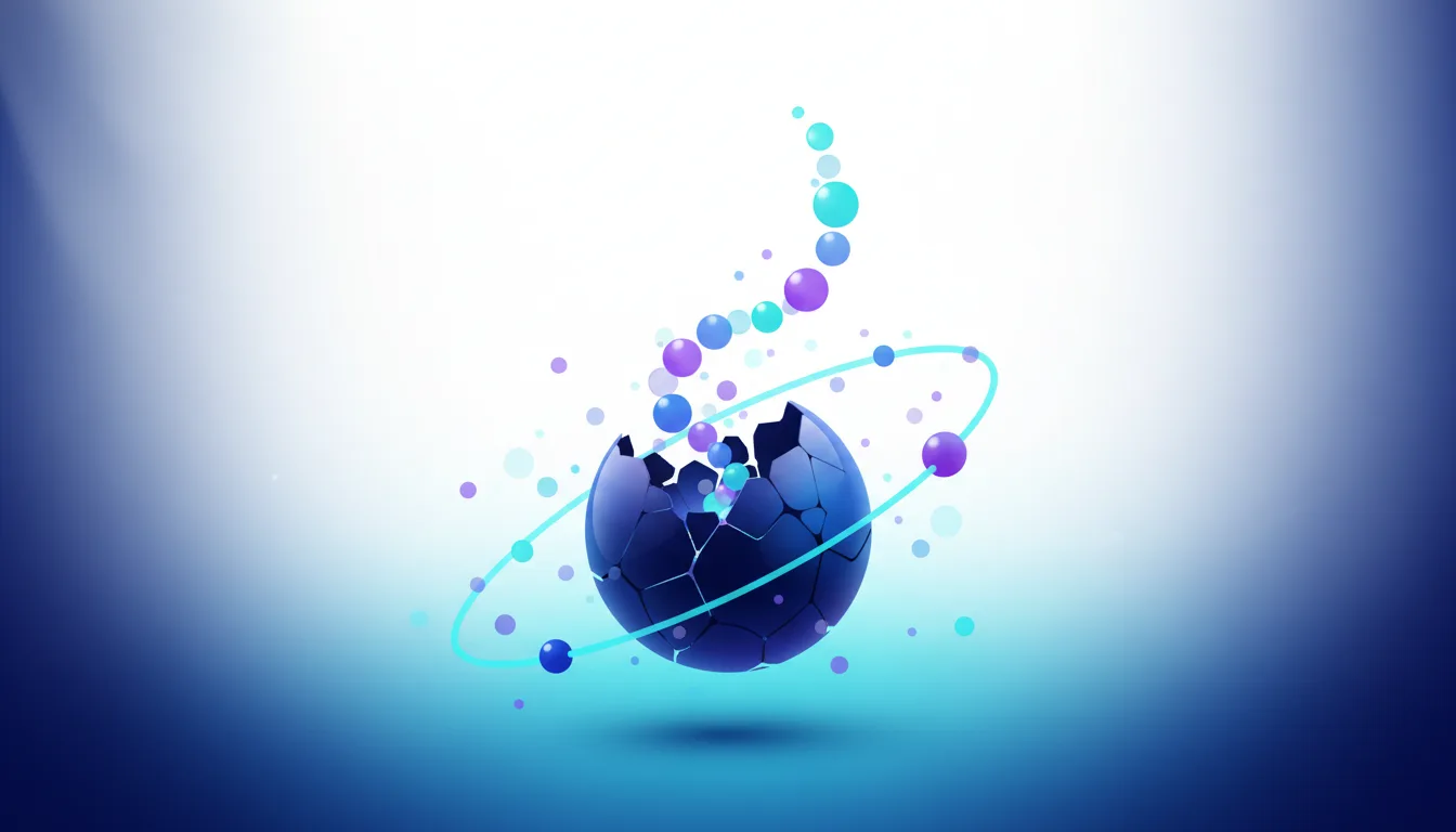 Abstract shattered sphere with orbiting rings and emerging particles, symbolizing AI development costs and evolution.