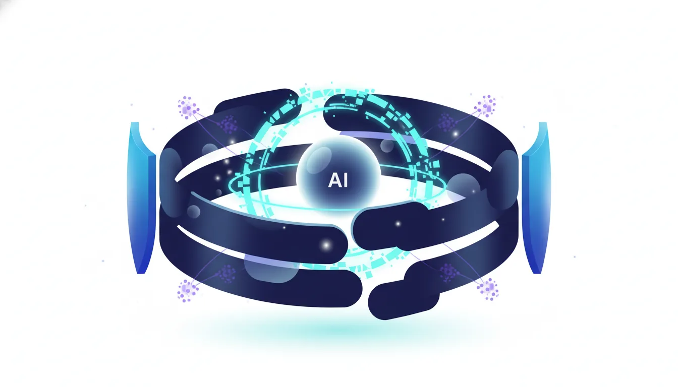 Abstract depiction of AI protected by digital shields and robotic arms, symbolizing AI security and defense against threats.