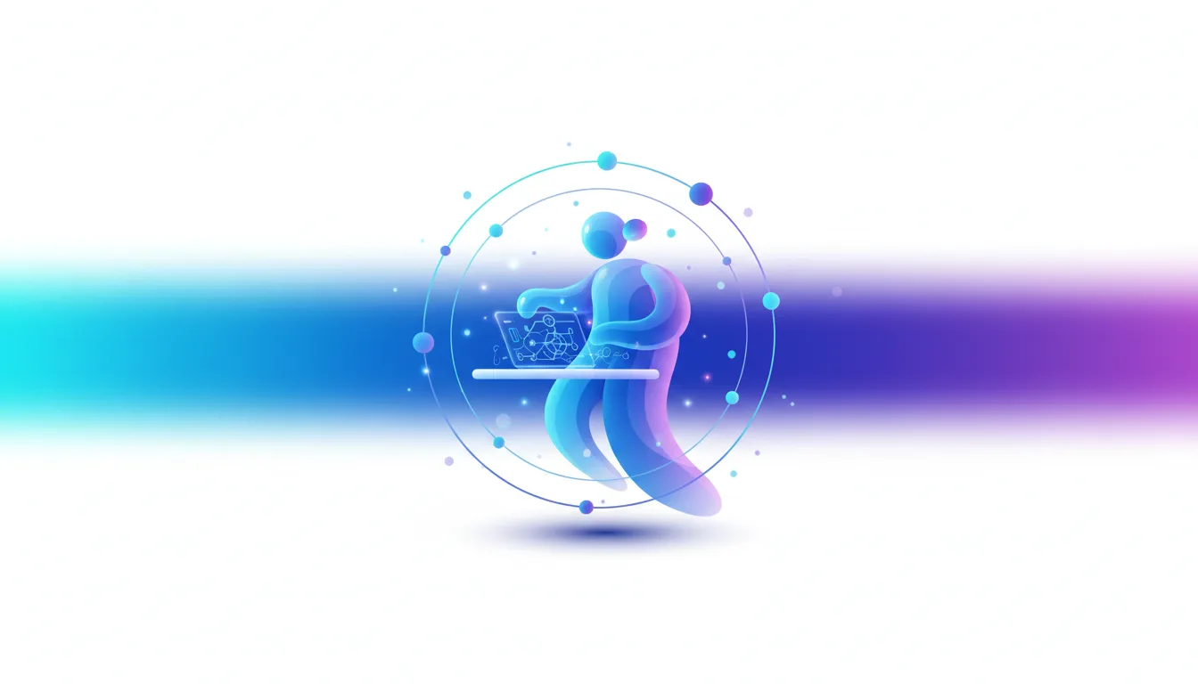 Abstract figure interacting with a laptop surrounded by a network of glowing nodes and orbits, representing AI development.