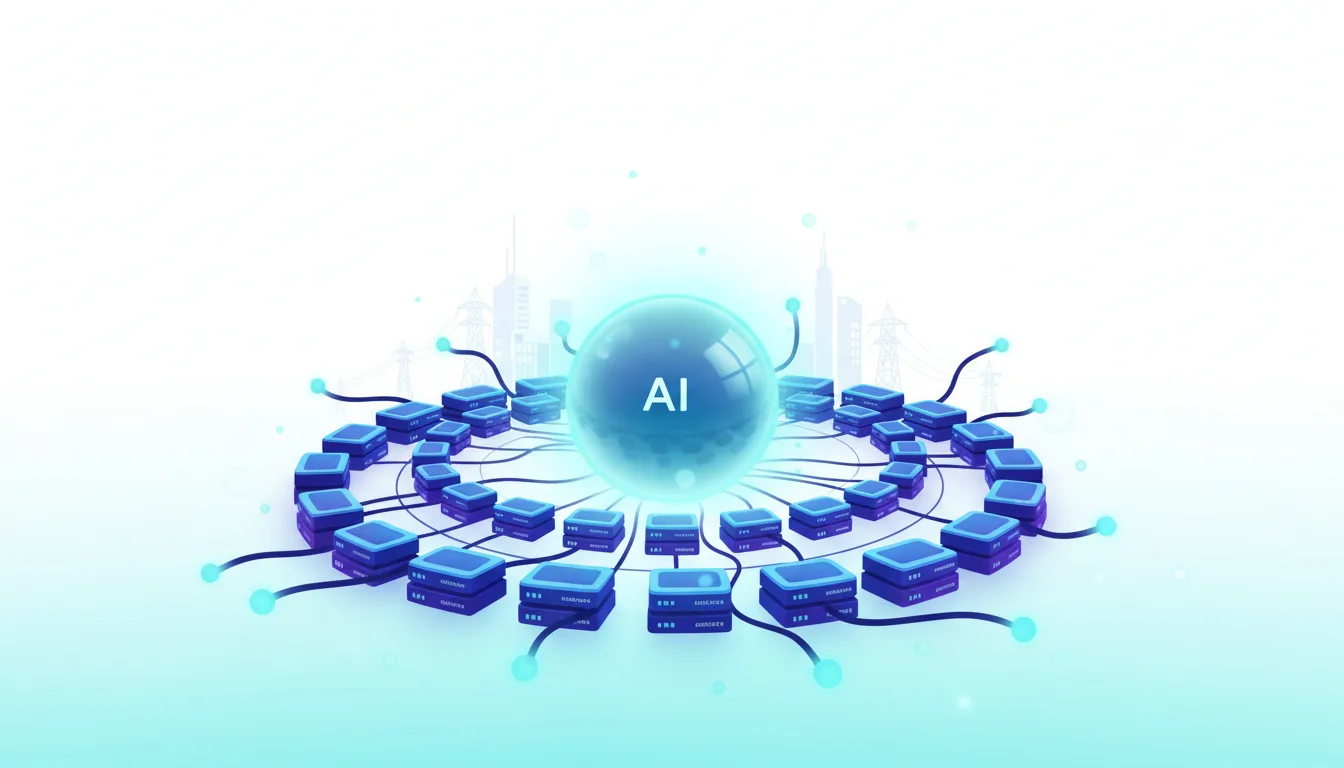 Central AI sphere connected to a network of servers, representing AI infrastructure and compute power.