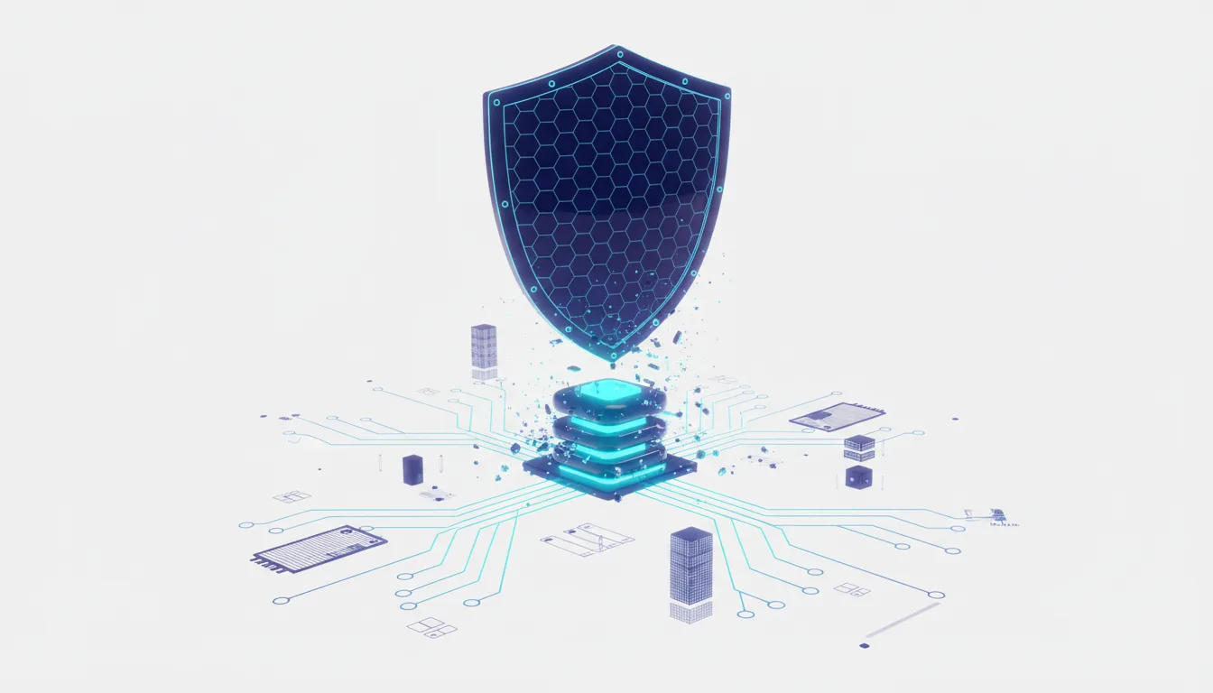 Abstract digital shield protecting a glowing server stack from explosive fragmentation, symbolizing AI security risks.