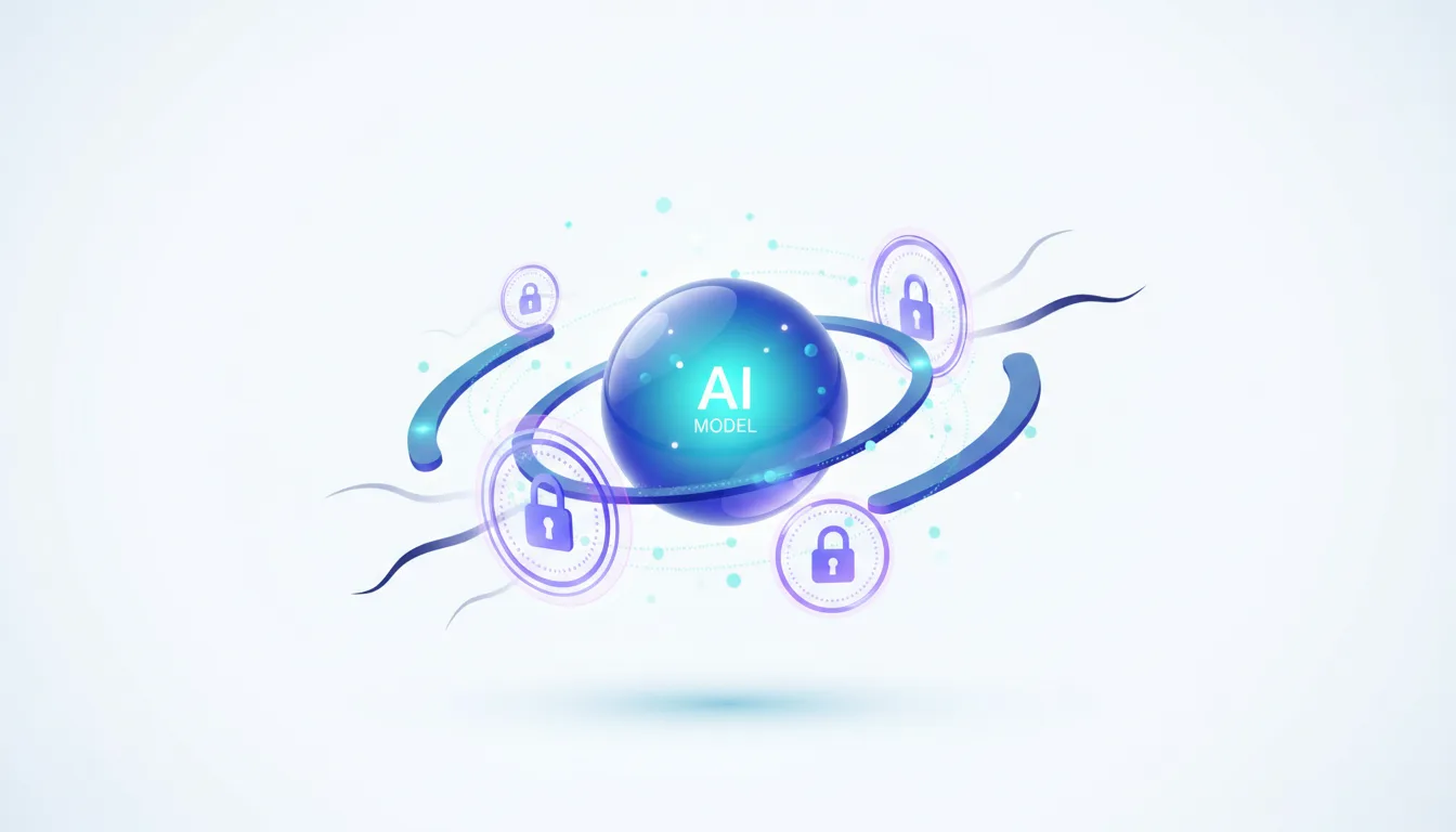 Abstract representation of an AI model with surrounding security locks, symbolizing AI integrity and defense applications.