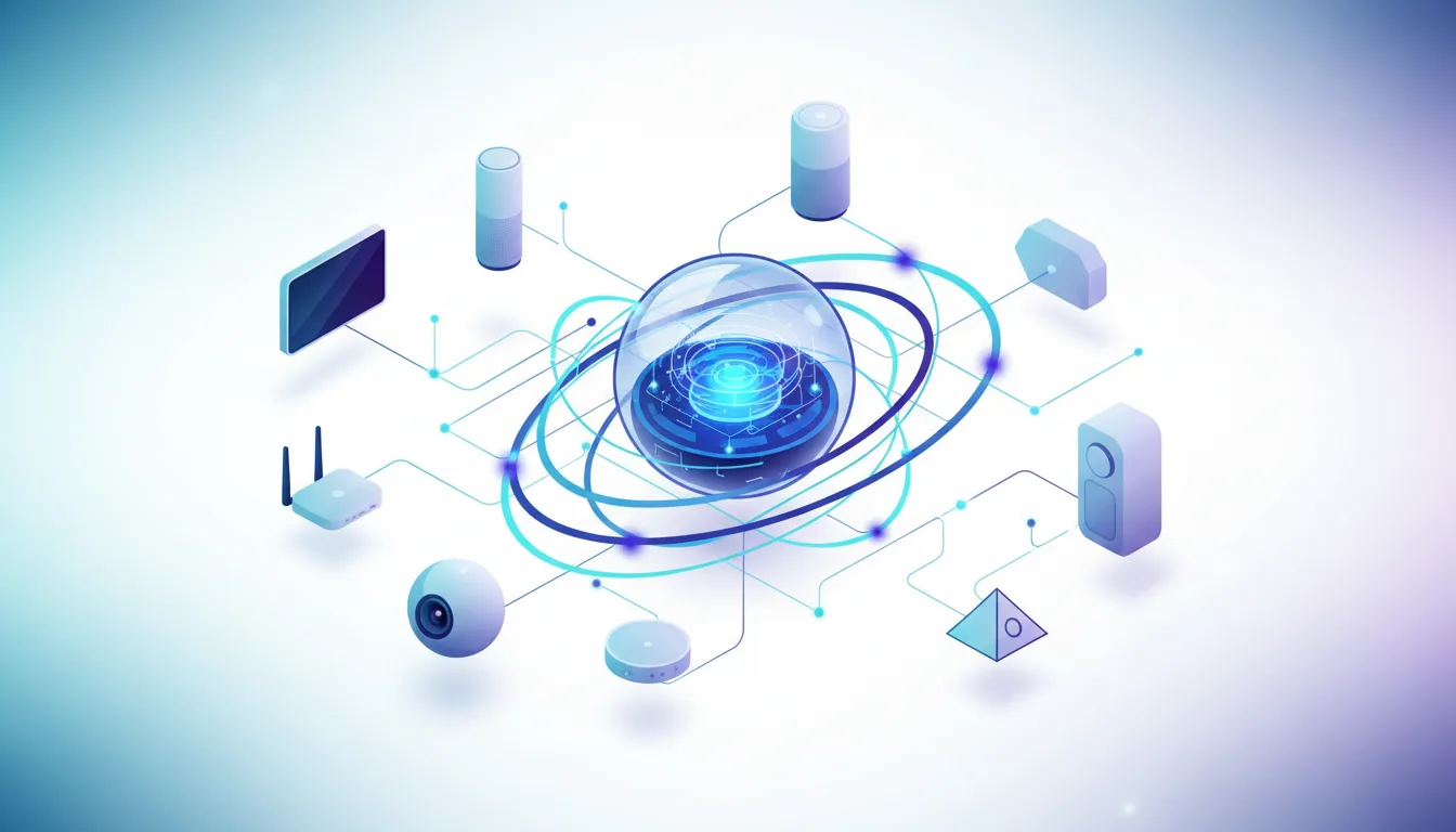 Abstract network diagram showing a central glowing orb connected to various smart home devices like speakers, a router, and a camera, illustrating AI distribution.