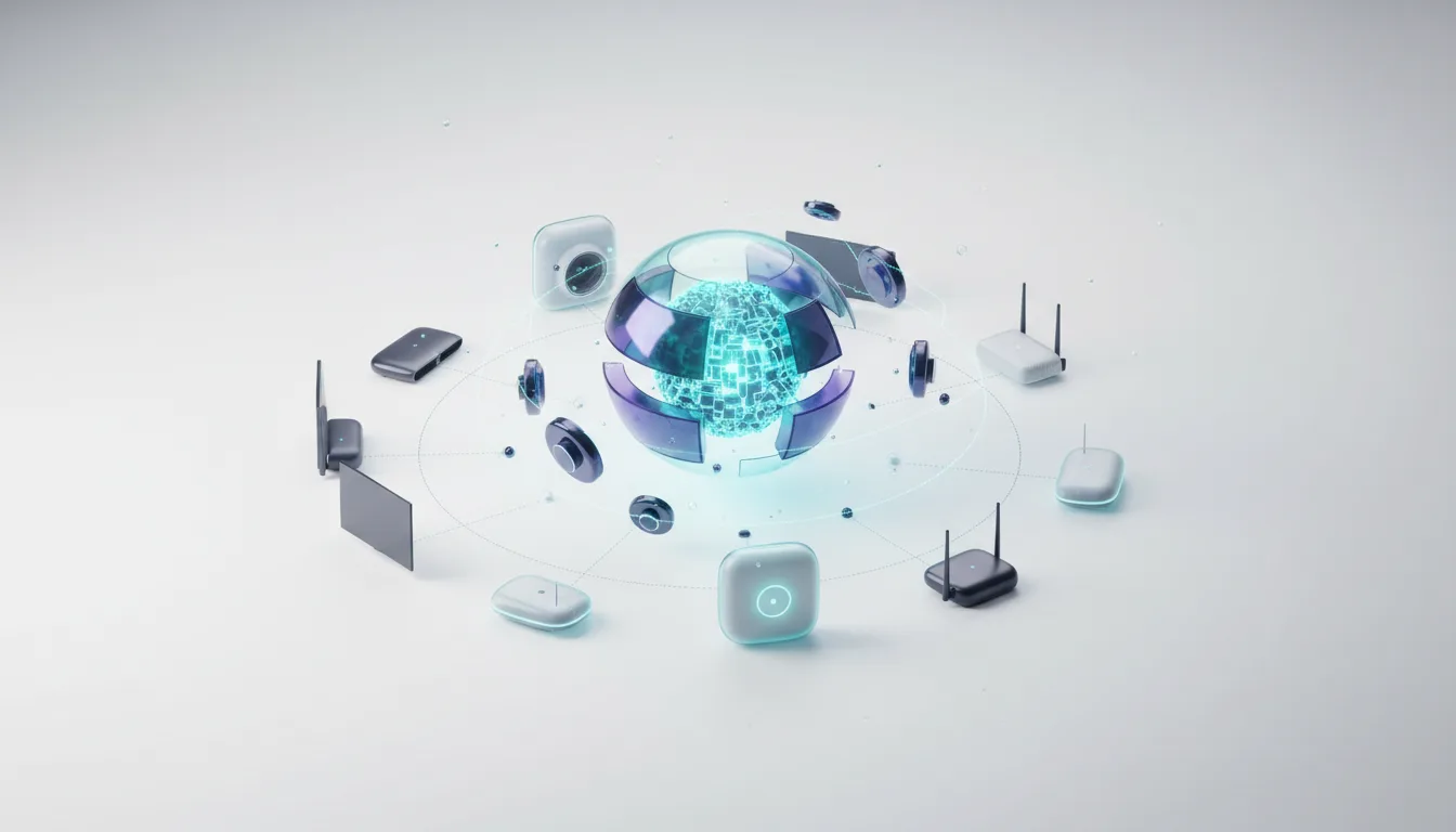 Abstract representation of AI core surrounded by various connected IoT devices and network components, illustrating decentralized AI deployment.