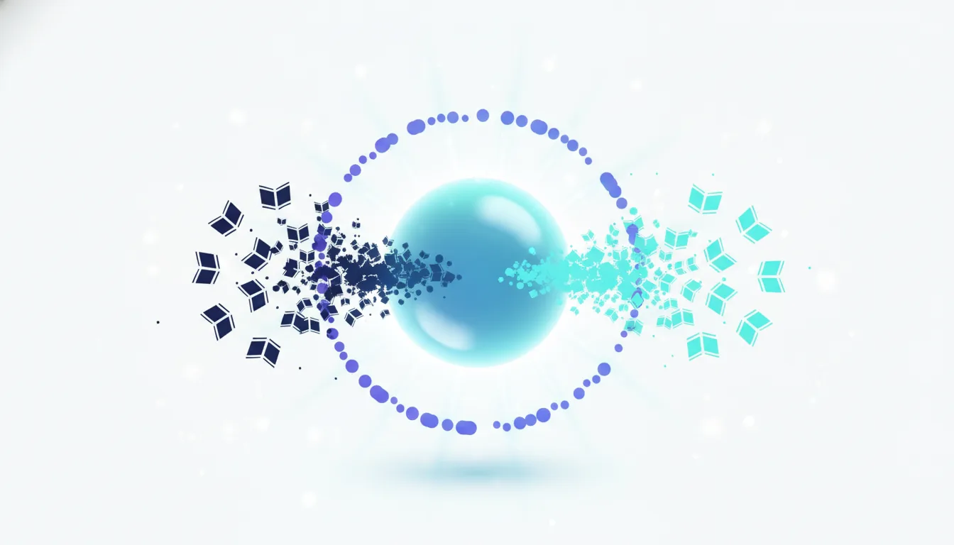 Abstract visualization of data flow, with books transforming into particles entering and exiting a central sphere, representing AI training.