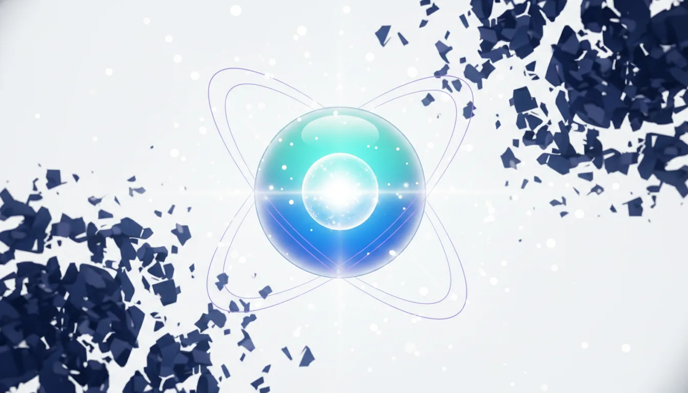 Abstract representation of an atom with glowing core and orbiting rings, symbolizing AI and scientific advancement.