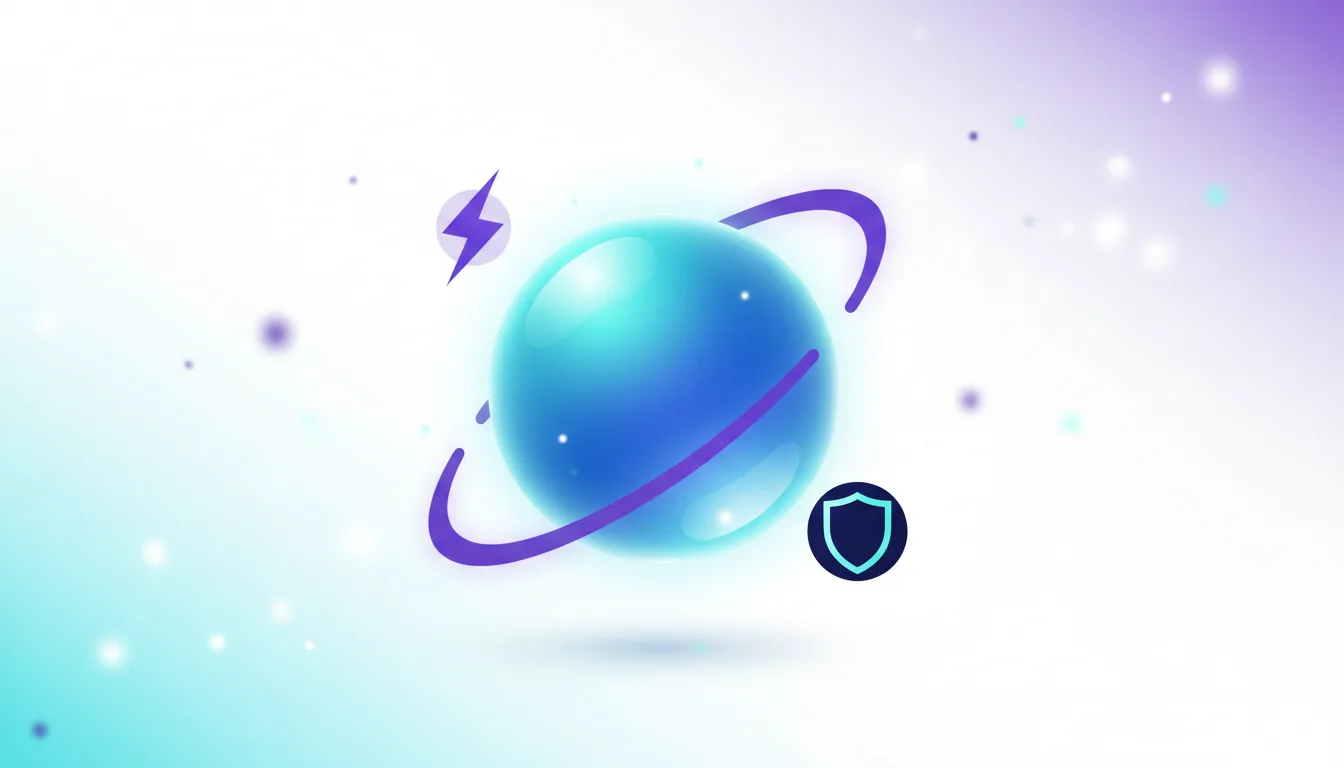 Abstract illustration of a glowing blue sphere with a purple ring, a lightning bolt, and a shield icon, representing AI development and security.