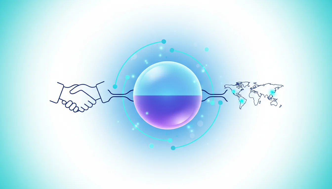 Stylized handshake connecting to a glowing sphere and a world map, symbolizing AI policy and global collaboration.