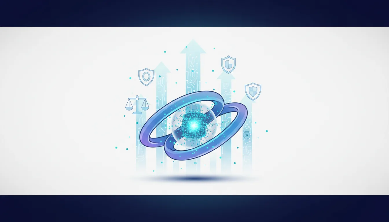 Abstract AI core with interlocking rings, scales of justice, and shield icons symbolizing governance and growth.