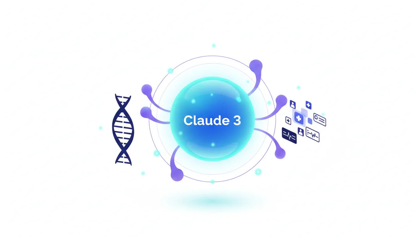 Claude 3 AI model at the center, surrounded by medical icons and a DNA helix, representing its healthcare applications.