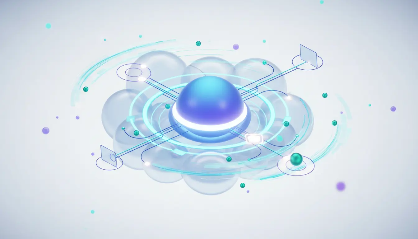 Abstract illustration of an always-on AI agent managing tasks across cloud infrastructure and workplace apps