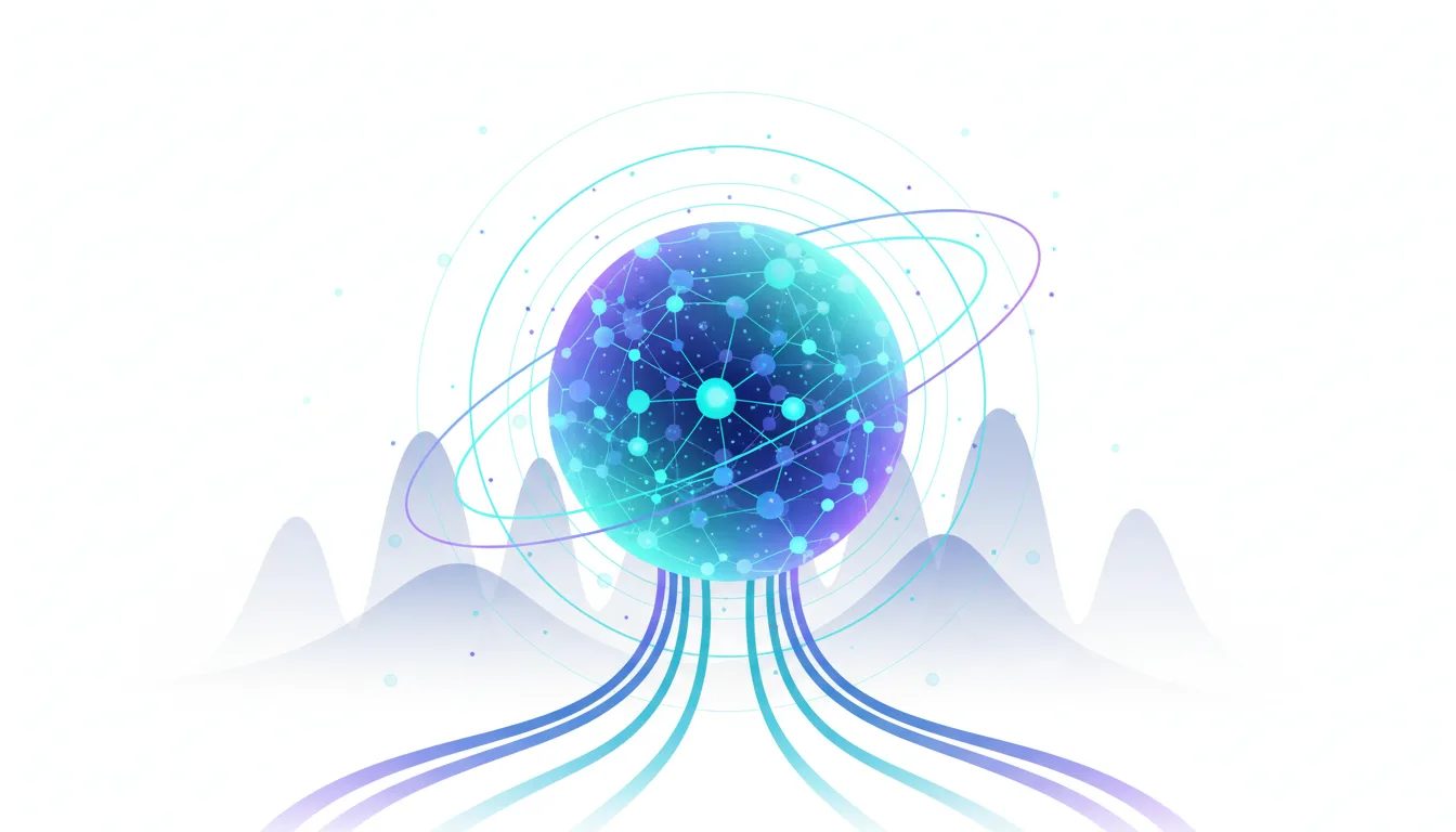 Abstract visualization of a glowing network sphere with orbiting rings, representing AI and data connections.