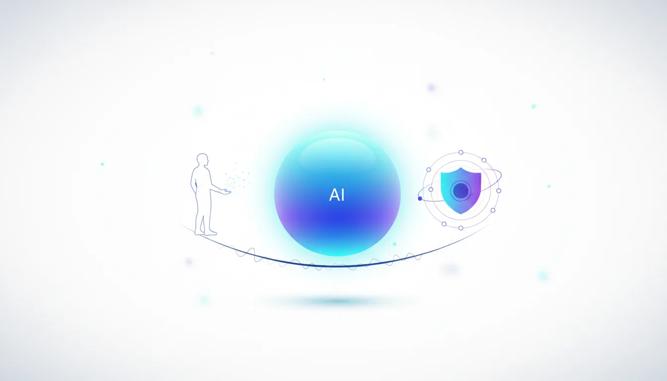 Outline of a person interacting with a glowing AI sphere, with a shield icon symbolizing safety and protection.
