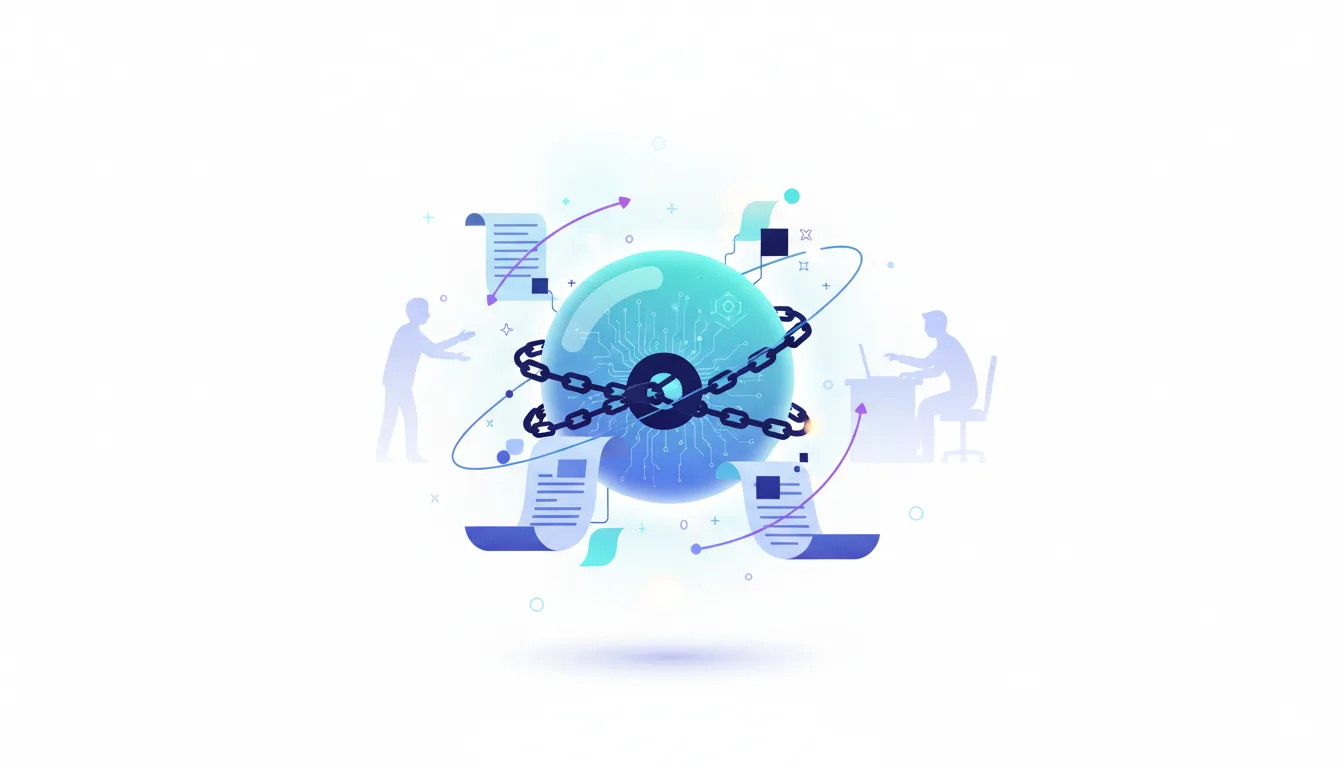 Abstract illustration of a chained AI core surrounded by documents and silhouetted figures, representing AI integration challenges in government programs.