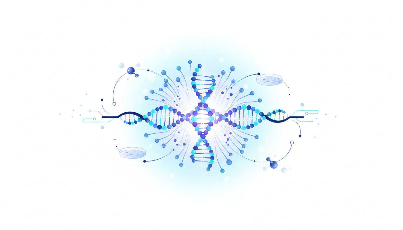 Abstract representation of DNA strands and molecular structures, symbolizing AI and biological research integration.