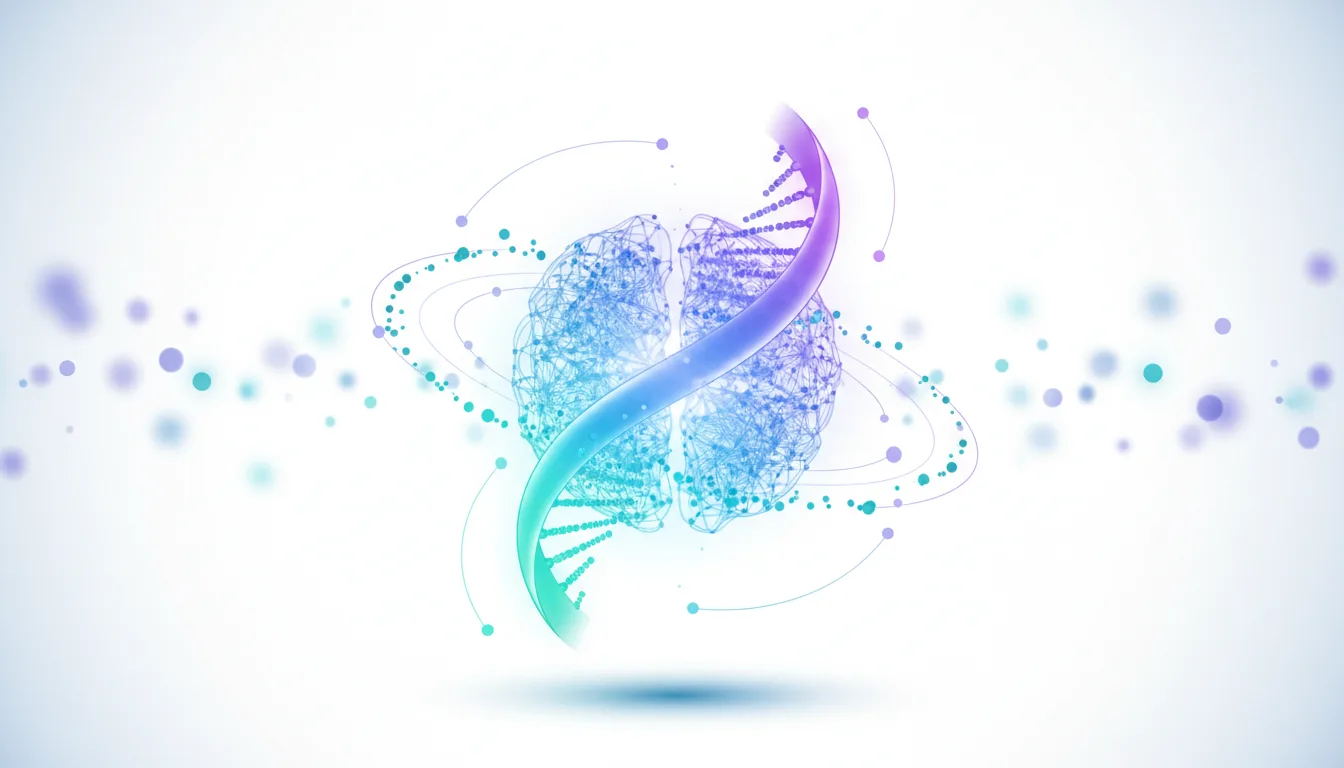 Abstract representation of a brain and DNA helix, symbolizing AI in drug discovery and life sciences research.